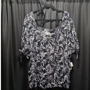 Angels Forever Young 3X Black White Tropical Palm Leaf Square Neck Button Blouse